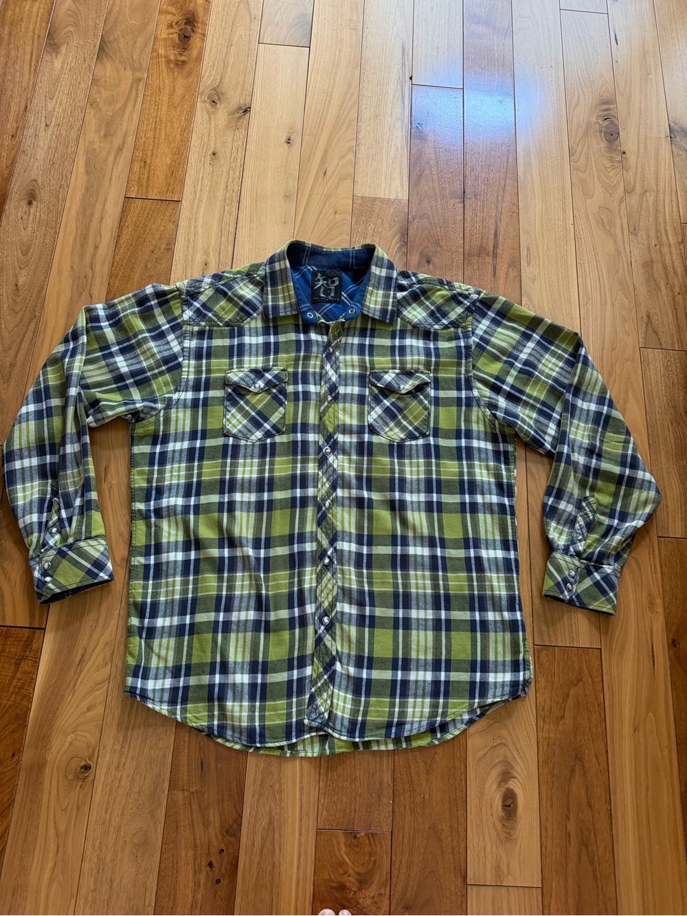 Age of Wisdom Pearl Snap Flannel Shirt Men's XXL Green Navy Plaid Western